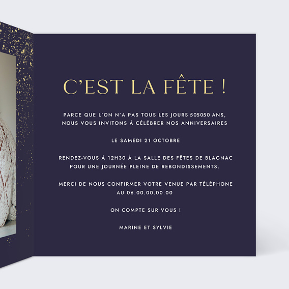 Invitation anniversaire Double pluie de fête Intérieur Droit