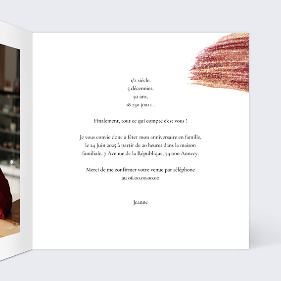 Invitation anniversaire Texture Grenat Intérieur Droit