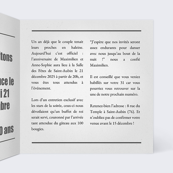 Invitation anniversaire Carte Journal Multianniversaire Intérieur Droit