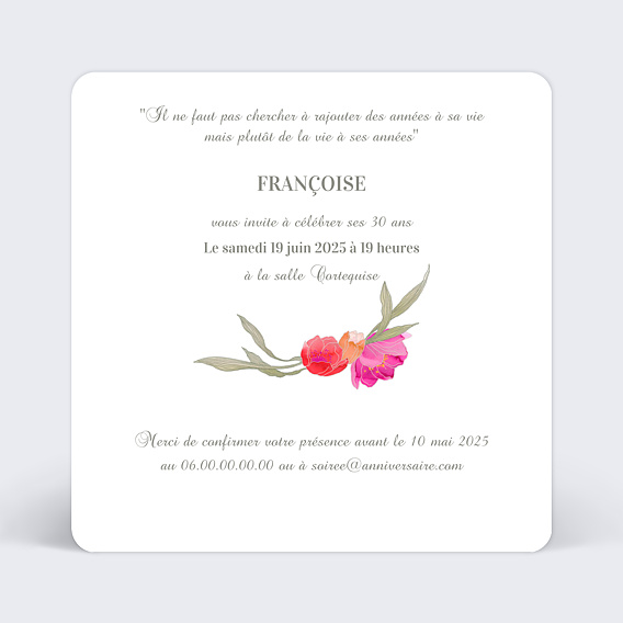 Invitation anniversaire Anniversaire Floral Verso