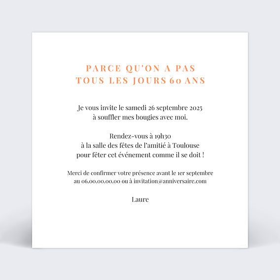 Invitation anniversaire Simplicité Verso