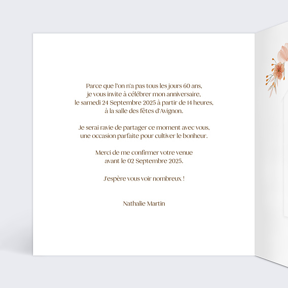 Invitation anniversaire Flower of Fall Graines à planter Intérieur Gauche