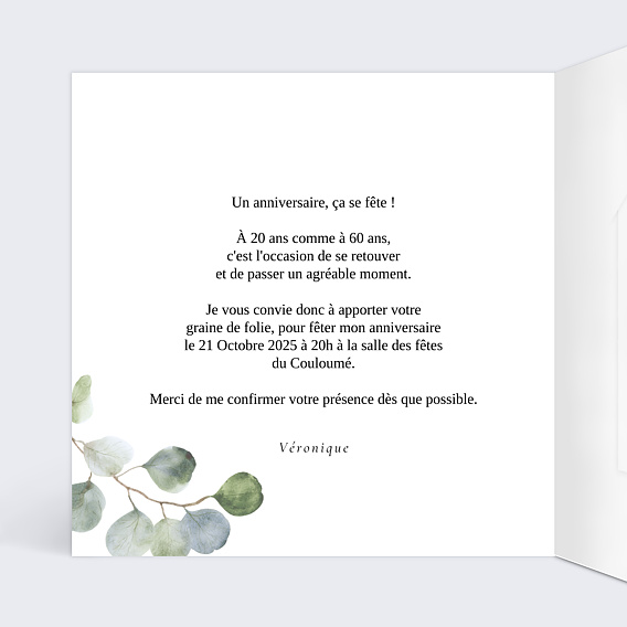 Invitation anniversaire Couronne Eucalyptus Graines à planter Intérieur Gauche