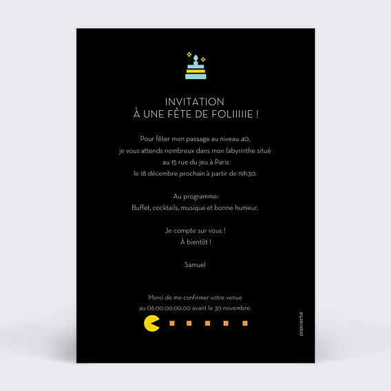 Invitation anniversaire Jeu d'Arcade Verso