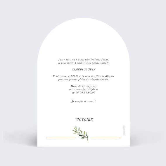 Invitation anniversaire Végétal chic Verso