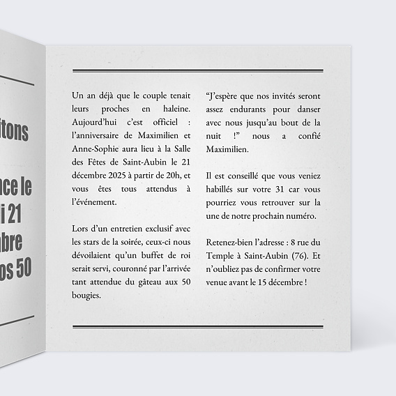 Invitation anniversaire Carte Journal Multianniversaire Intérieur Droit