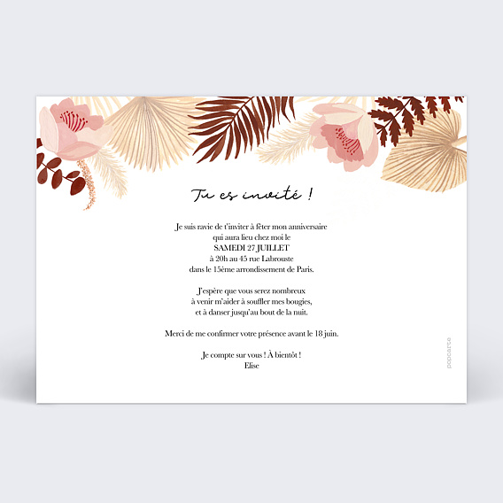 Invitation anniversaire Printemps bohème Verso