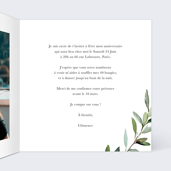 Invitation Anniversaire Adulte Aquarelle végétale