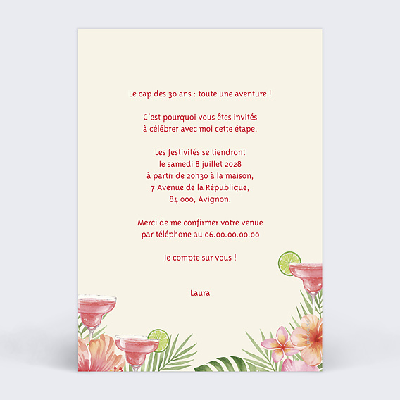 Invitation anniversaire Pink tropical Verso