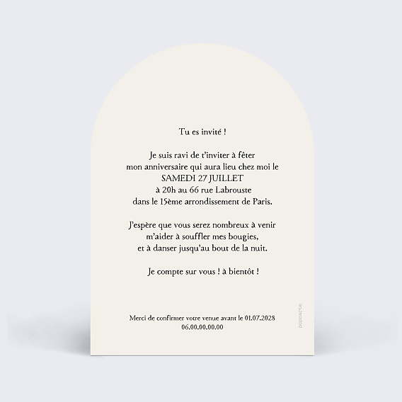 Invitation anniversaire Vinyle Verso