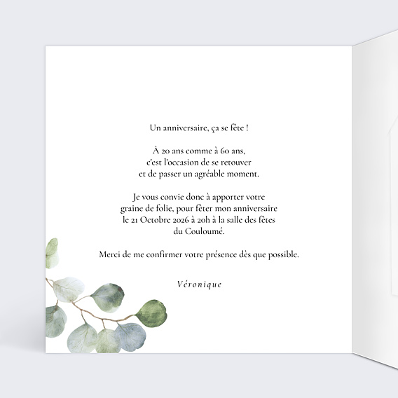 Invitation Anniversaire Adulte Couronne Eucalyptus Graines à planter