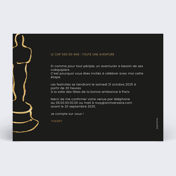 Invitation anniversaire Cérémonie des Oscars Verso