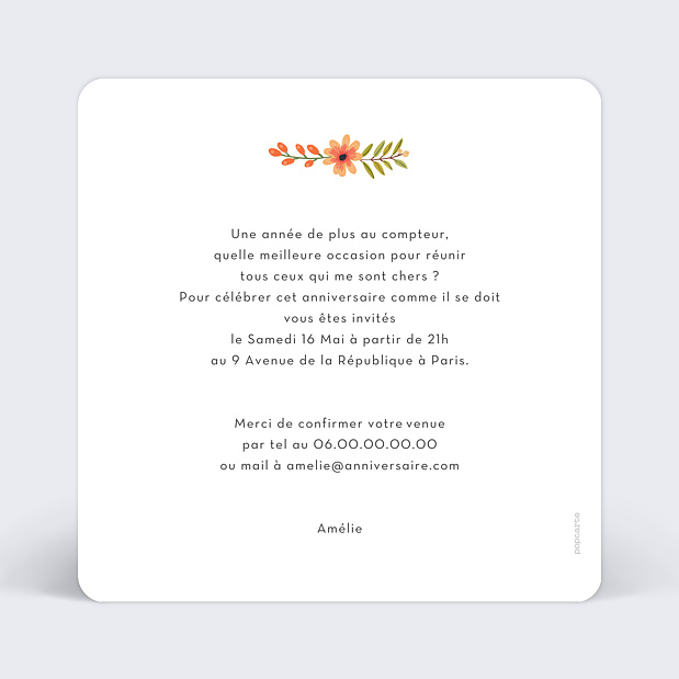 Invitation Anniversaire Bouquet Printanier Verso