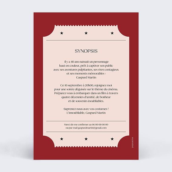 Invitation anniversaire Ticket de cinéma Verso