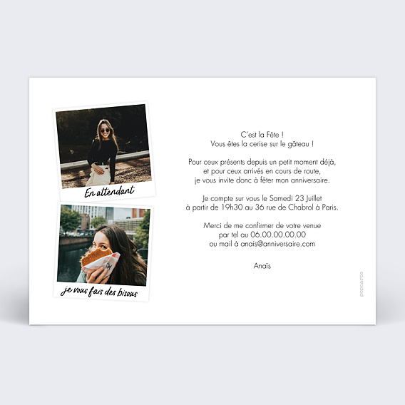 Invitation anniversaire Summer Polaroïd Verso