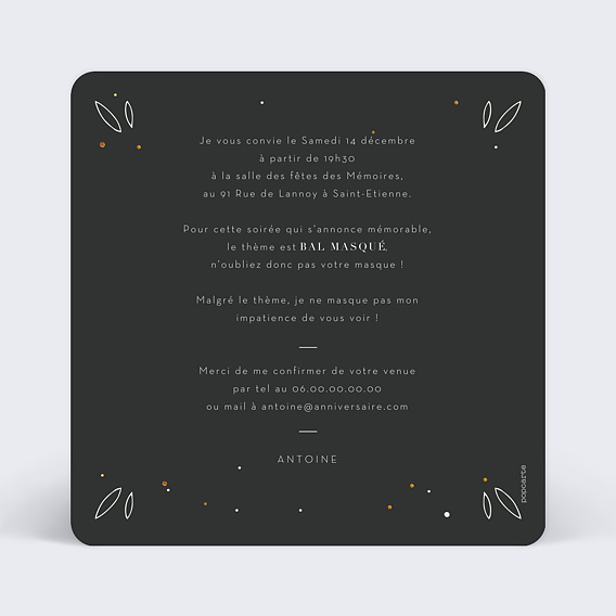 Invitation anniversaire Mascarade Verso