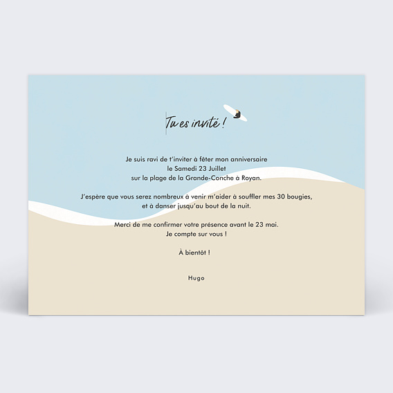 Invitation anniversaire Surfer Vibe Verso