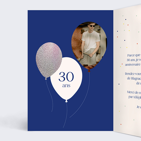 Invitation anniversaire Ballon Glitter Homme Intérieur Gauche