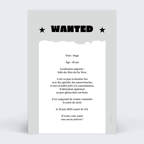 Invitation anniversaire Mugshot Verso