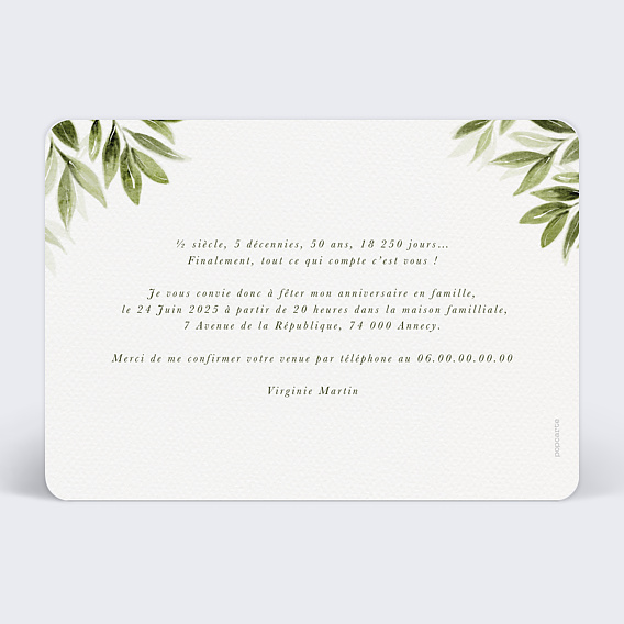 Invitation anniversaire Lauriers Suspendus Verso