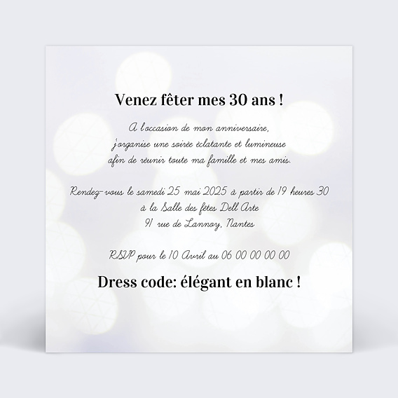Invitation anniversaire Soirée Blanche Verso