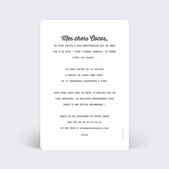 Invitation anniversaire Beach Party Verso