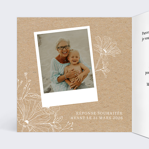 Invitation Anniversaire Adulte Gravure Fleurs Kraft
