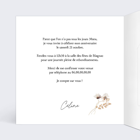 Invitation anniversaire Couronne de fleurs graines Intérieur Gauche