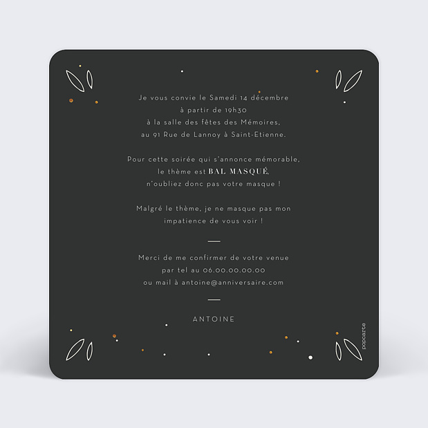 Invitation Anniversaire Mascarade Verso