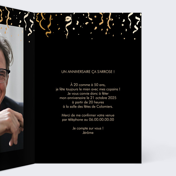 Invitation anniversaire Motif Noir & Ocre Intérieur Droit