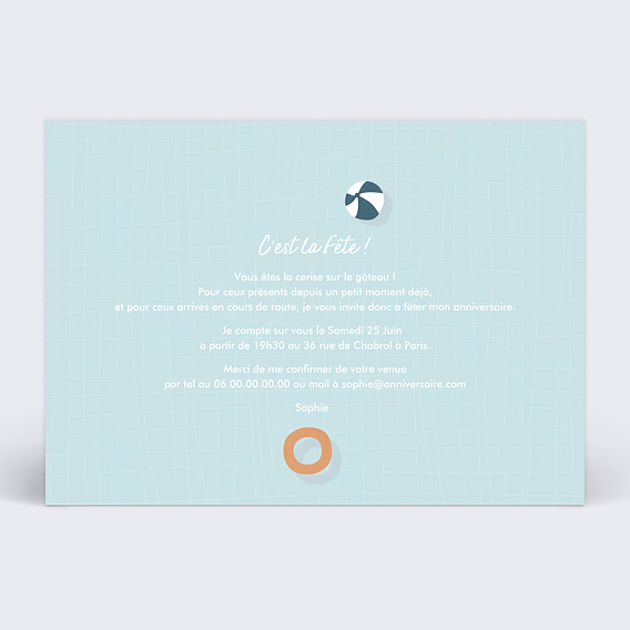 Invitation anniversaire Pool Verso