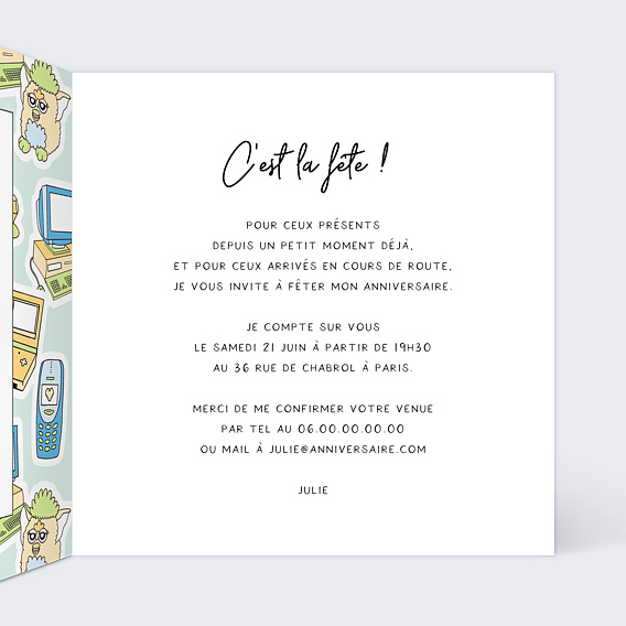Invitation anniversaire Objets des années 90 Intérieur Droit