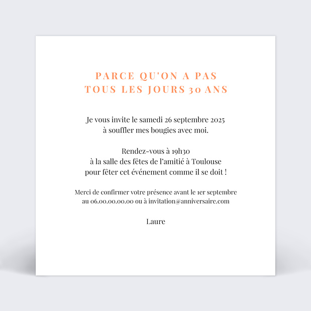 Invitation Anniversaire Simplicité Verso