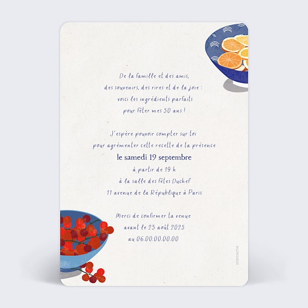 Invitation Anniversaire Recette d'Anniversaire Verso