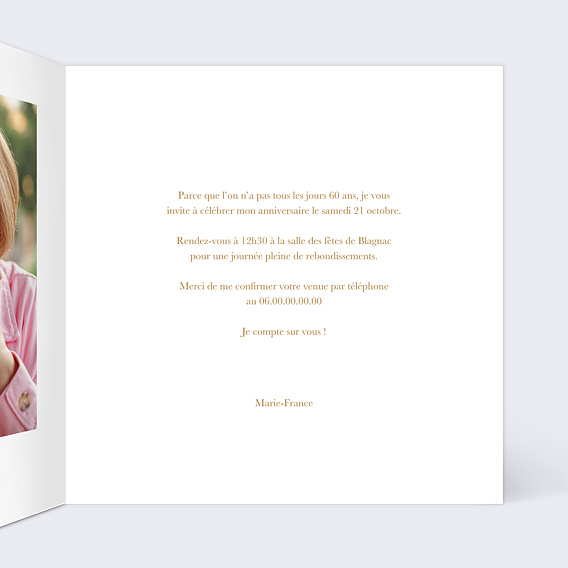 Invitation anniversaire Photo souvenir doré 60 Intérieur Droit