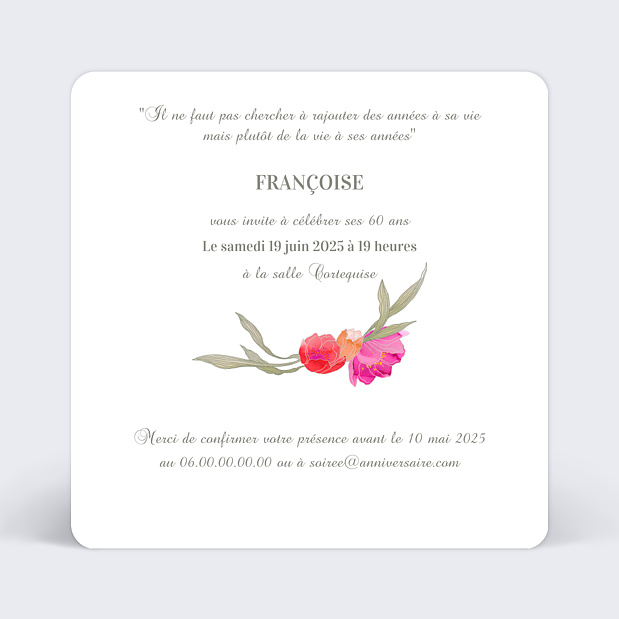 Invitation Anniversaire Floral Verso