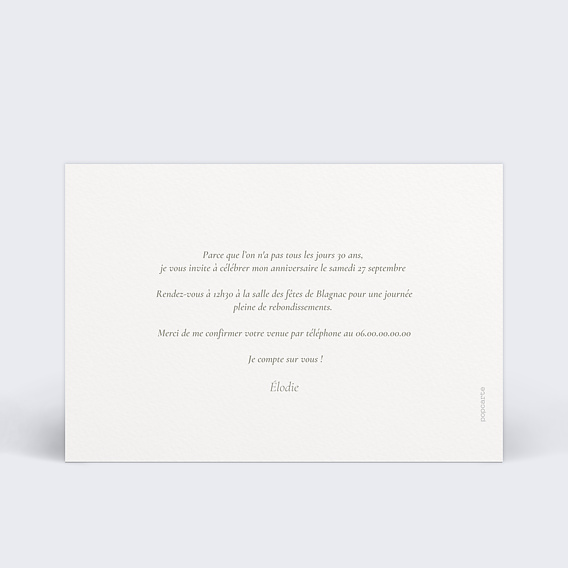Invitation anniversaire Save the date elegante Verso