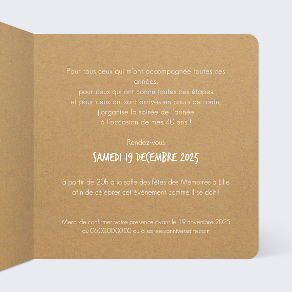 Invitation anniversaire Etapes de vie kraft Intérieur Droit