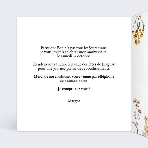 Invitation Anniversaire Adulte Fleurs séchées avec Graines