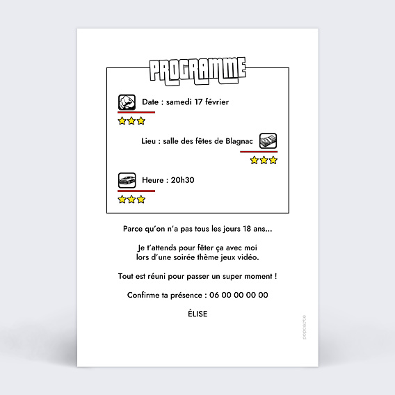 Invitation anniversaire Portrait jeu vidéo urbain Verso