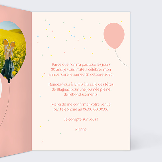 Invitation anniversaire Ballon Glitter Intérieur Droit