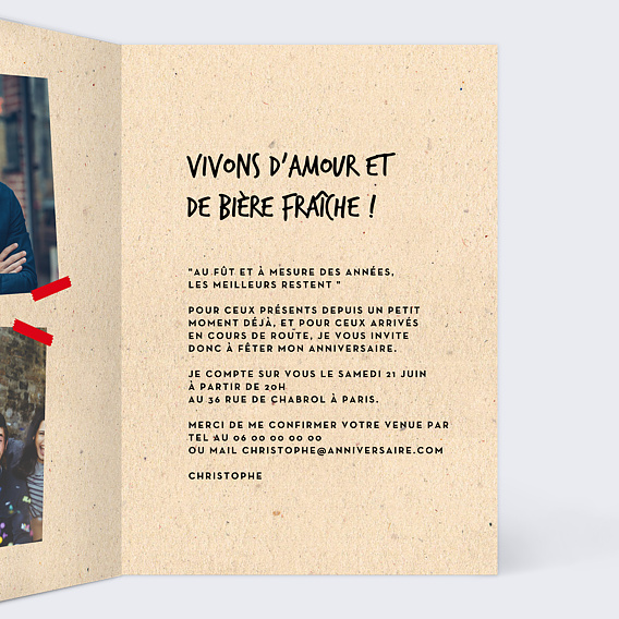 Invitation anniversaire Bière Pression Intérieur Droit