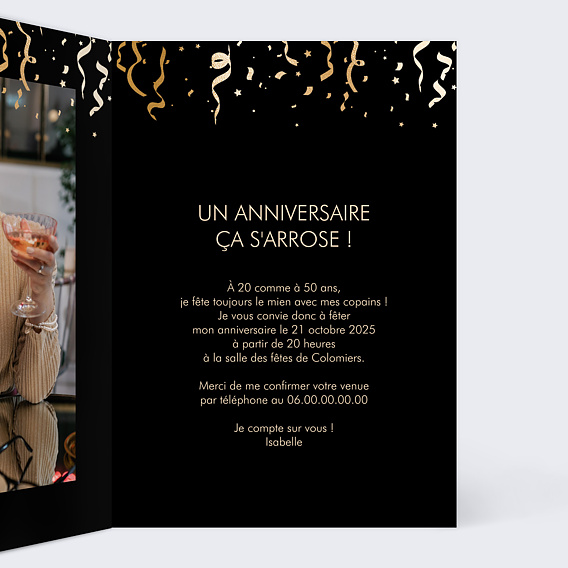 Invitation anniversaire Motif Noir & Or Photo Intérieur Droit