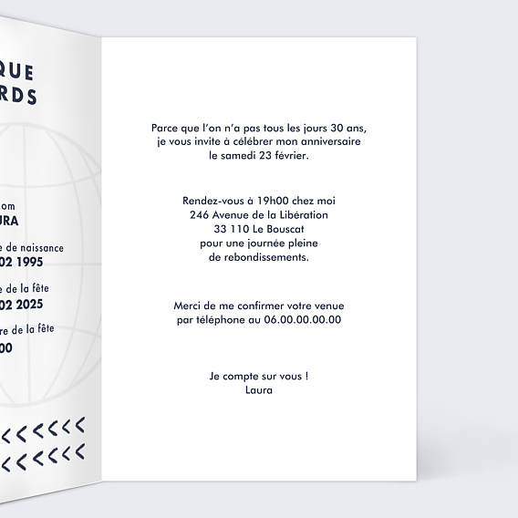 Invitation anniversaire Passeport Intérieur Droit