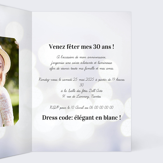 Invitation anniversaire Soirée Blanche Intérieur Droit