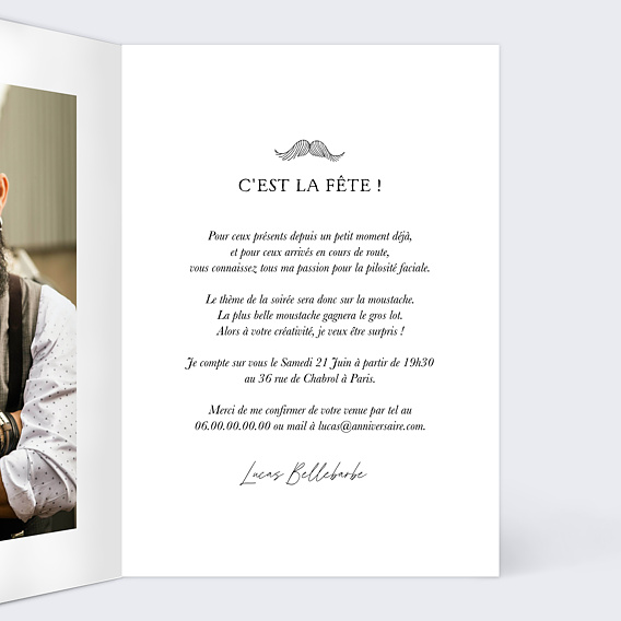 Invitation anniversaire Soirée Moustache Intérieur Droit