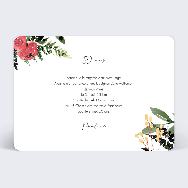 Invitation Anniversaire Adulte Wild Flowers Verso