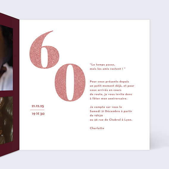 Invitation anniversaire 60 ans Pailletés Intérieur Droit