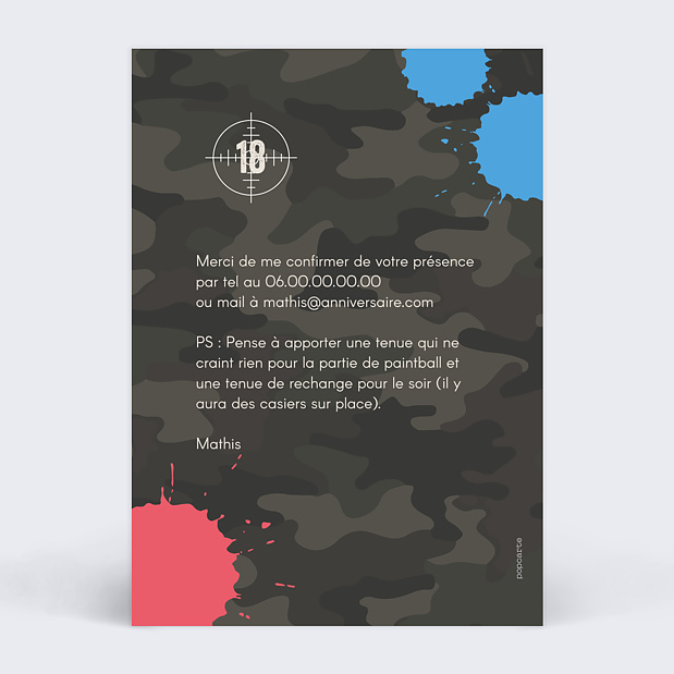 Invitation Anniversaire Adulte Paintball Verso