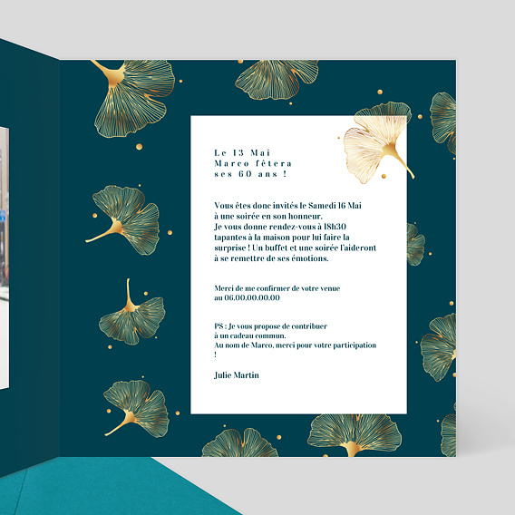 Invitation anniversaire Délicats Ginkgos Intérieur Droit